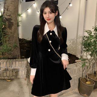 Long-sleeve Contrast Collar Velvet Mini A-line Dress