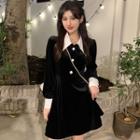 Long-sleeve Contrast Collar Velvet Mini A-line Dress
