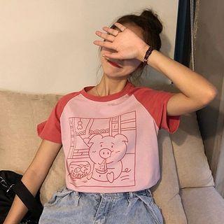 Pig Print Color Block Short-sleeve T-shirt