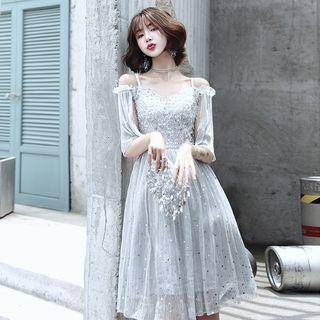 Off-shoulder Short Sleeve Sequined Cocktail Dress