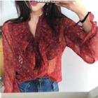 Floral V-neck Long-sleeve Loose-fit Blouse Red - One Size