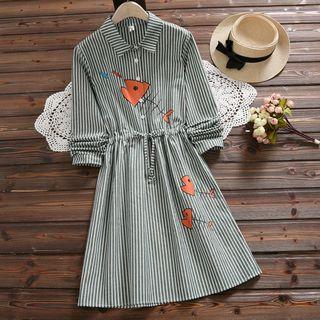 Pinstriped Printed Long-sleeve A-line Shirt Dress