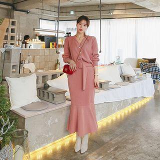 Set: V-neck Belted Cardigan + Long Mermaid Skirt
