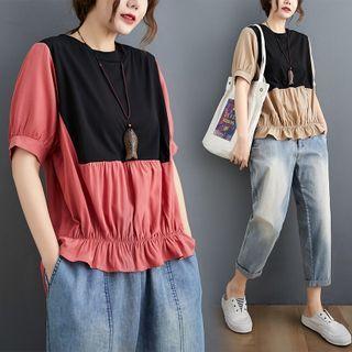 Short-sleeve Two-tone Ruffle Hem Blouse