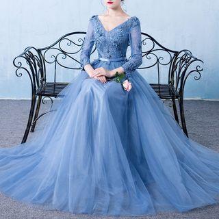 Long-sleeve Embroidered Evening Gown