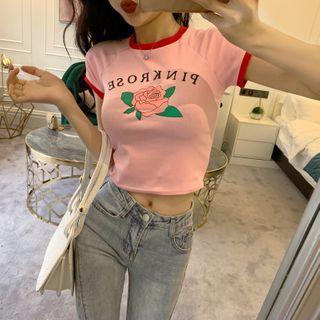 Rose Print Contrast Trim Cropped T-shirt