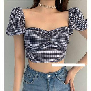 Short-sleeve Plaid Crop Top Black & White - One Size
