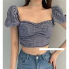 Short-sleeve Plaid Crop Top Black & White - One Size