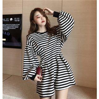 Striped Puff-sleeve A-line Dress Stripe - One Size