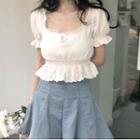 Lace Trim Puff-sleeve Bow Cropped Blouse As Shown In Figure - One Size