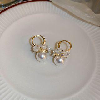 Flower Rhinestone Faux Pearl Alloy Dangle Earring 1 Pair - Gold & White - One Size