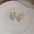 Flower Rhinestone Faux Pearl Alloy Dangle Earring 1 Pair - Gold & White - One Size