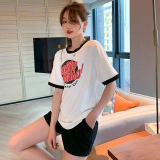 Set: Short-sleeve Lettering T-shirt + Drawstring Plain Shorts