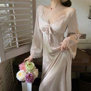 Flare-sleeve Satin A-line Dress