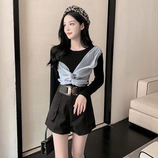 Long-sleeve Mesh Panel T-shirt / Plain Shorts