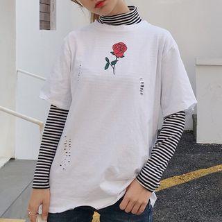 Rose Print Short-sleeve Distressed T-shirt