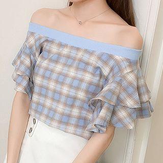 Off-shoulder Frilled Plaid Short-sleeve Top