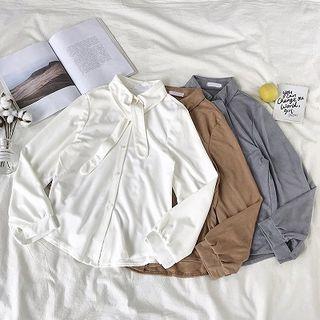 Single-breasted Ribbon Lace-up Suede Long-sleeve Blouse