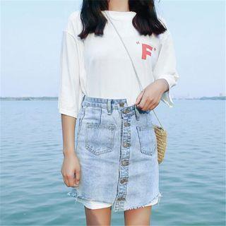 Set: Elbow-sleeve Lettering T-shirt Dress + Buttoned Asymmetrical Denim Skirt