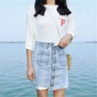 Set: Elbow-sleeve Lettering T-shirt Dress + Buttoned Asymmetrical Denim Skirt