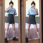 Printed Letter Short-sleeve Top / High Waist Denim Skirt