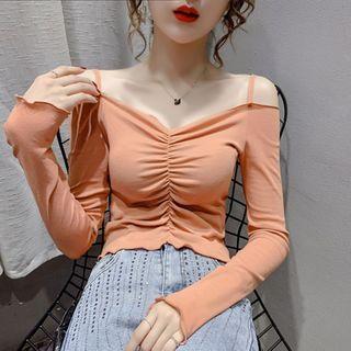 Ruched Cold-shoulder Long-sleeve Top