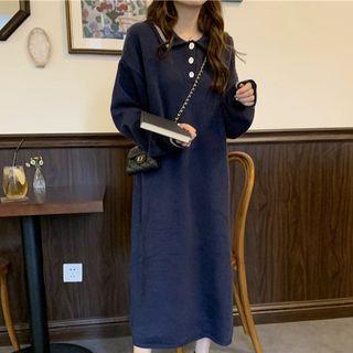 Long-sleeve Polo-neck Knit Loose-fit Midi Dress