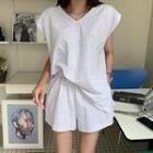 Set: Cap-sleeve Fray-hem Sweatshirt + Shorts
