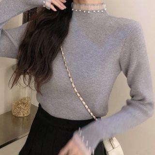 Mesh Trim Faux Pearl Knit Top