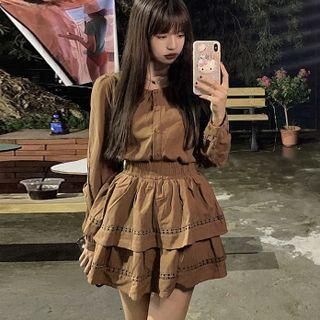 Long-sleeve Button-up Top / Tiered Mini A-line Skirt