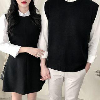 Men Knit Vest / Women Sleeveless Mini A-line Knit Dress