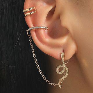 Set: Layered Ear Cuff + Rhinestone Snake Stud Earring With Ear Cuff