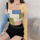 Color Panel Cold-shoulder Long-sleeve Cropped Top Multicolor - One Size