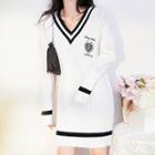Contrast Trim Long-sleeve Knit Dress White - One Size