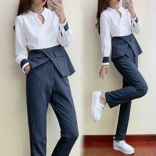Set: Notched Neck Panel Blouse + High-waist Slim-fit Pants
