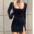 Square Neck Long Sleeve A-line Slit Dress