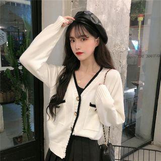 Contrast Trim Cardigan / Pleated Skirt