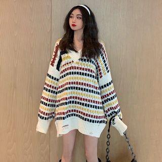 Distressed Checked Oversize Sweater As Shown In Figure - One Size