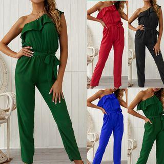 Sleeveless One-shoulder Frill Trim Jumpsuit