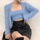 Set: Spaghetti Strap Knit Top + Open-front Cardigan Blue - One Size