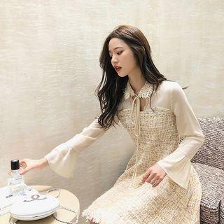 Bell-sleeve Tweed Panel A-line Dress