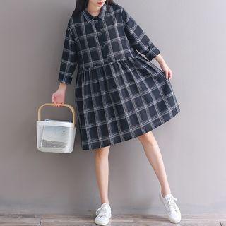 Long-sleeve Plaid Drawstring Collared Dress