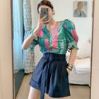 Set: Elbow-sleeve Printed Buttoned Blouse + Wide-leg Shorts