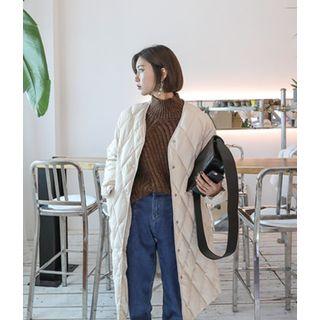 Collarless Padded Long Jacket