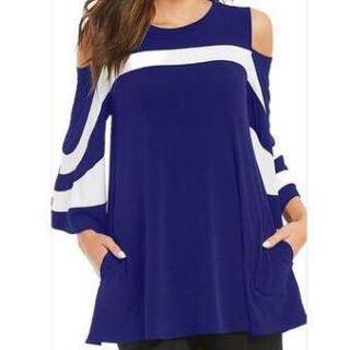 3/4-sleeve Cold-shoulder Contrast-trim Top
