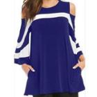 3/4-sleeve Cold-shoulder Contrast-trim Top