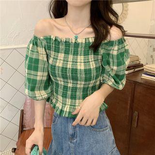 Puff-sleeve Plain Ruffle Trim Top Green - One Size