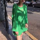 Wide-sleeve Knit Top Green - One Size