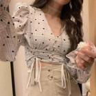 Puff-sleeve Dotted Drawstring Blouse / Lace Trim A-line Skirt