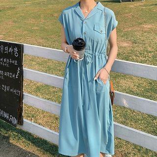 Cap-sleeve Open-collar Drawstring Midi A-line Dress